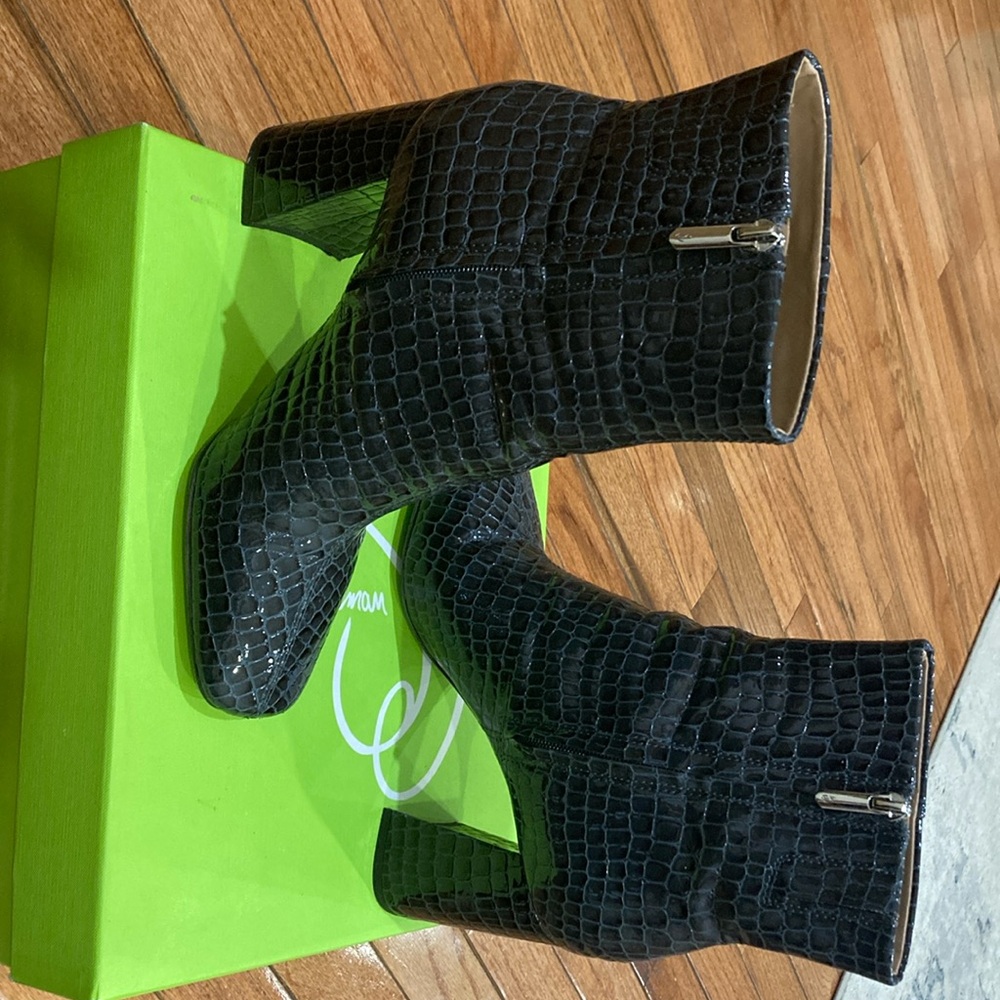 Sam Edelman Square Toe Snake Skin Patent Leather Bootie